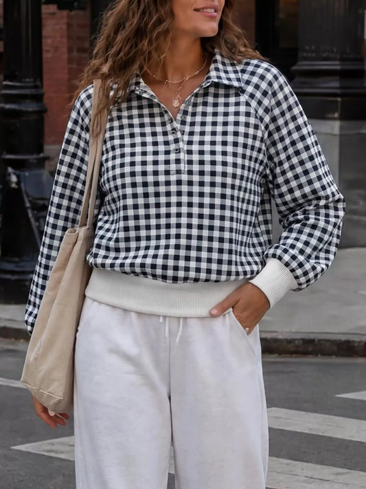 Women's Gingham Plaid Collared Sweatshirt