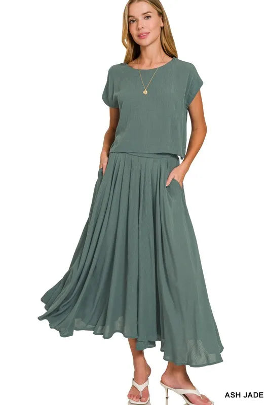 Zenana Woven Crinkle Gauze Crop Tee and Skirt Set-Ash Jade  Shop One Place