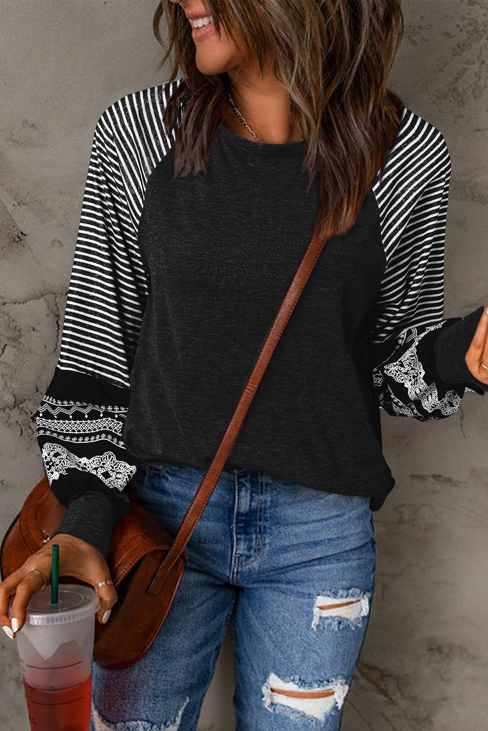 Contrast Print Striped Raglan Long Sleeve Loose Top  Shop One Place