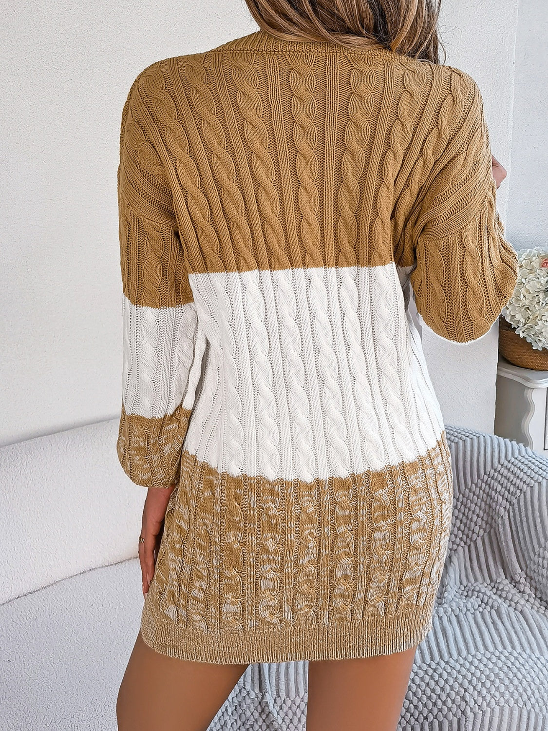 Cable-Knit Round Neck Color Block Sweater Dress  Shop One Place