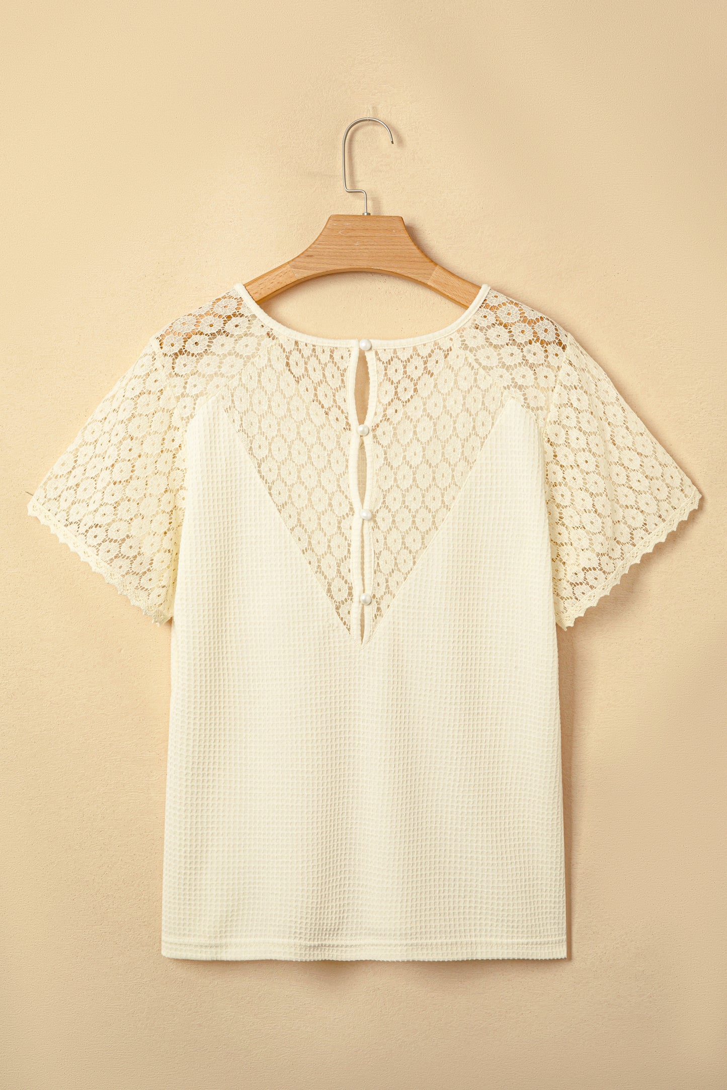 Pink Lace Splicing Button Cutout V Neck Waffle Knit Blouse  Shop One Place