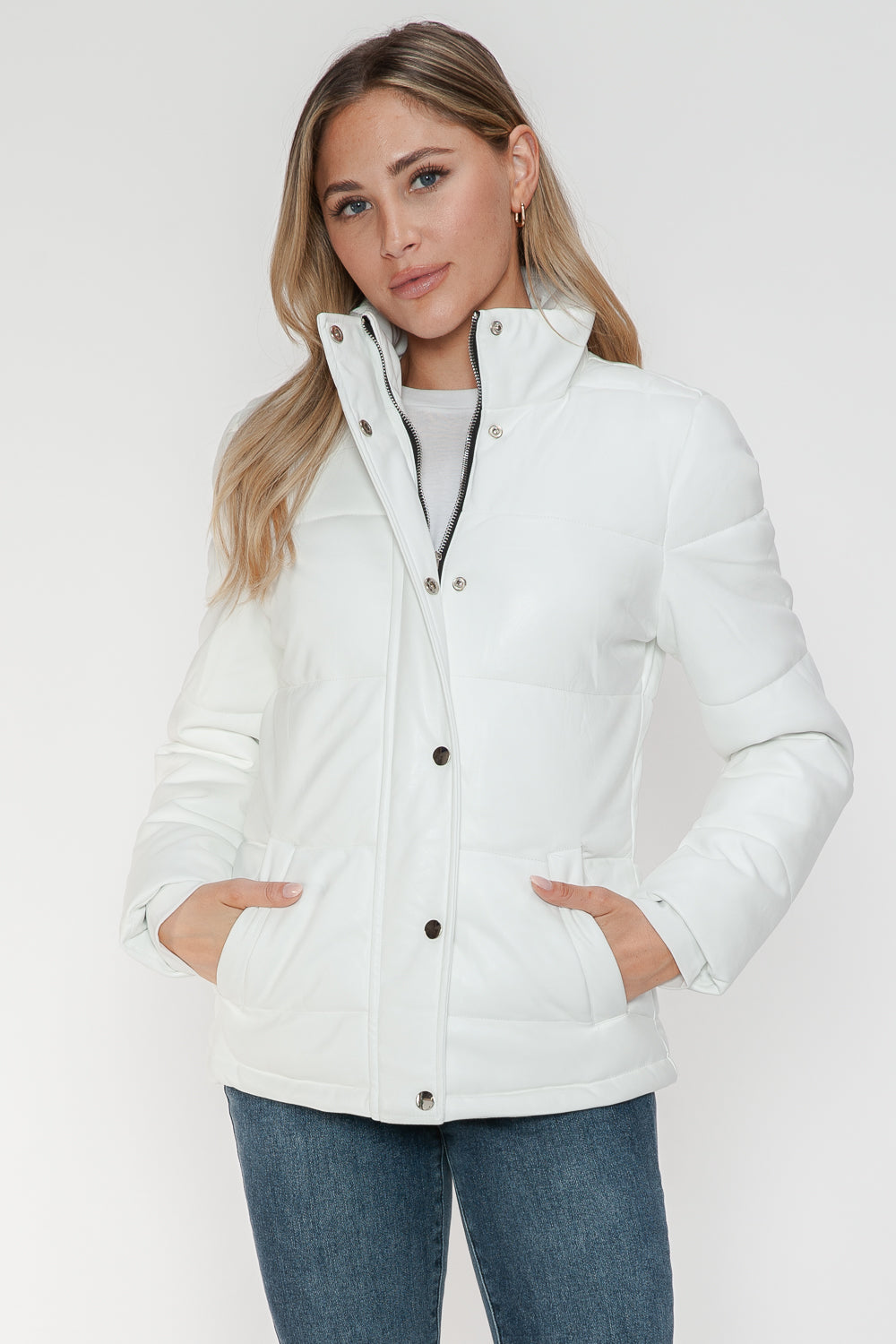 White YMI Pocketed Zip Up Turtleneck Puffer Jacket