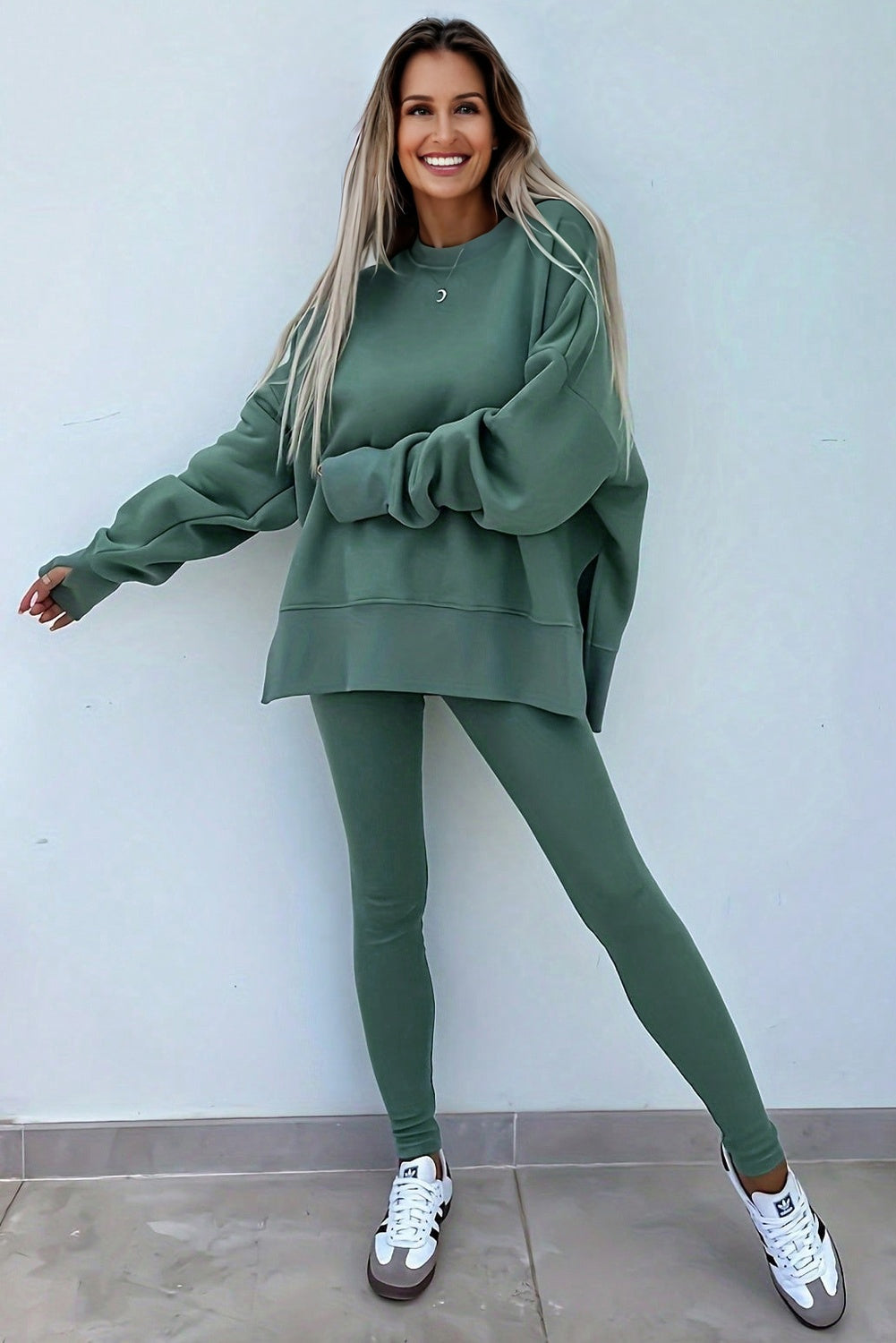 Green Bay Solid Color Oversize Slit Sweatshirt Ribbed Leggings Set  Shop One Place