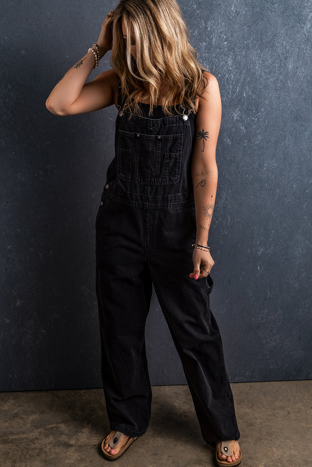 Black Adjustable Buckle Straps Multi Pocket Denim Jumpsuit