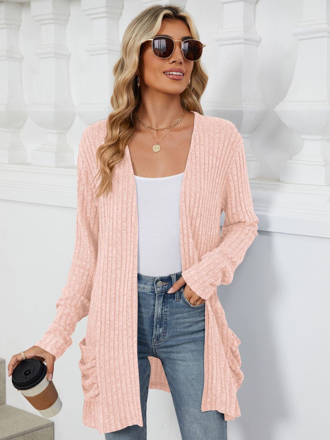 Pocketed Open Front Long Sleeve Cardigan  Shop One Place