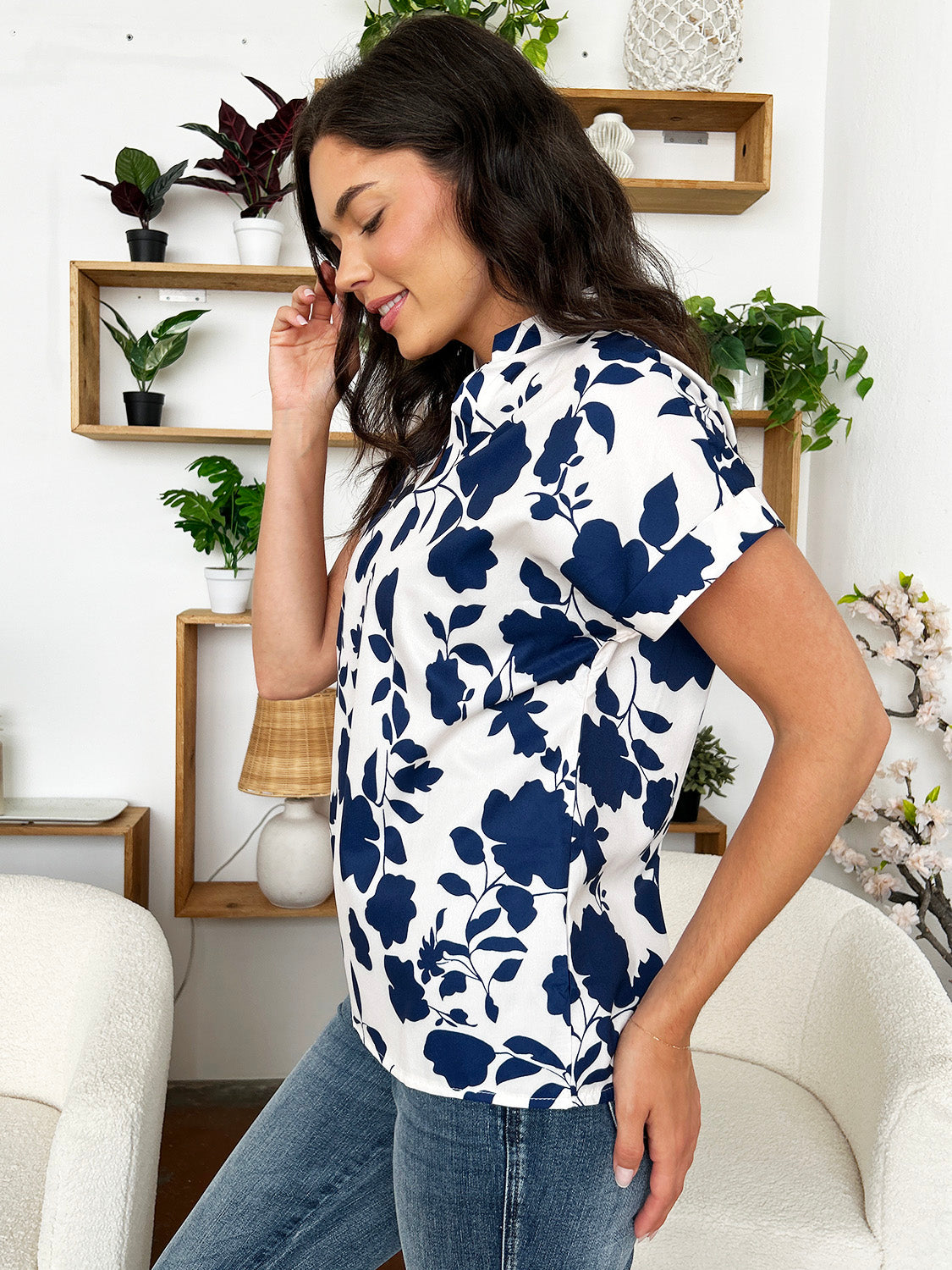 Flower Notched Short Sleeve Blouse