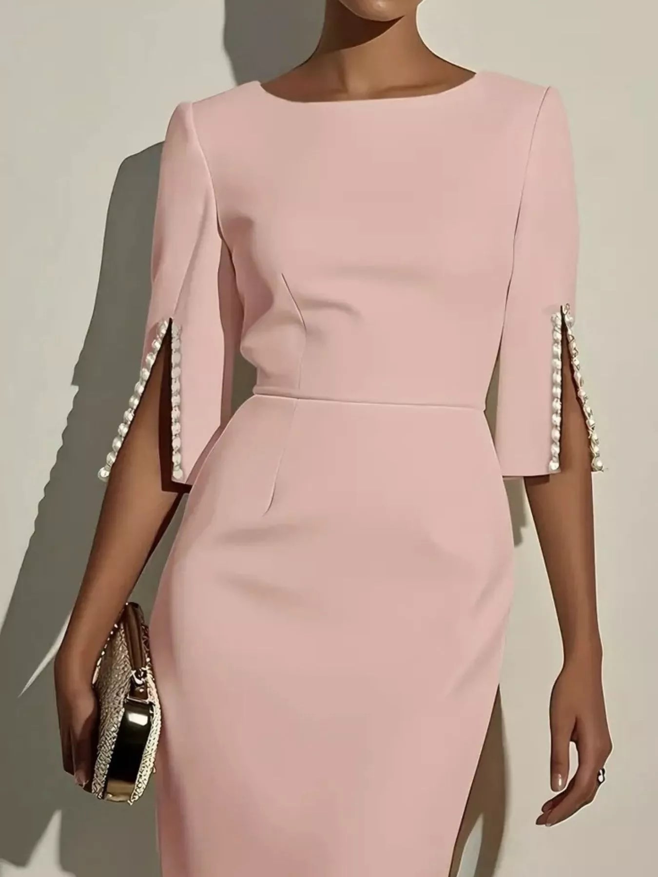 Slim-Fit Elegant Midi Dress with Beaded Slit Sleeve  Shop One Place