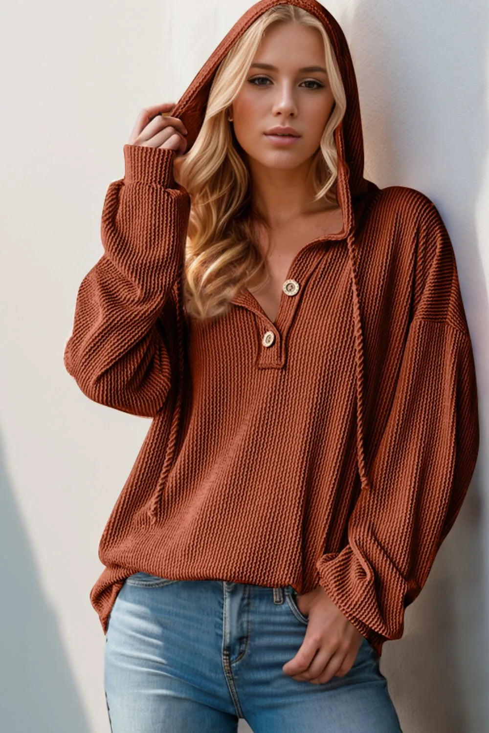 Double Take Full Size Half Button Long Sleeve Hoodie  Shop One Place