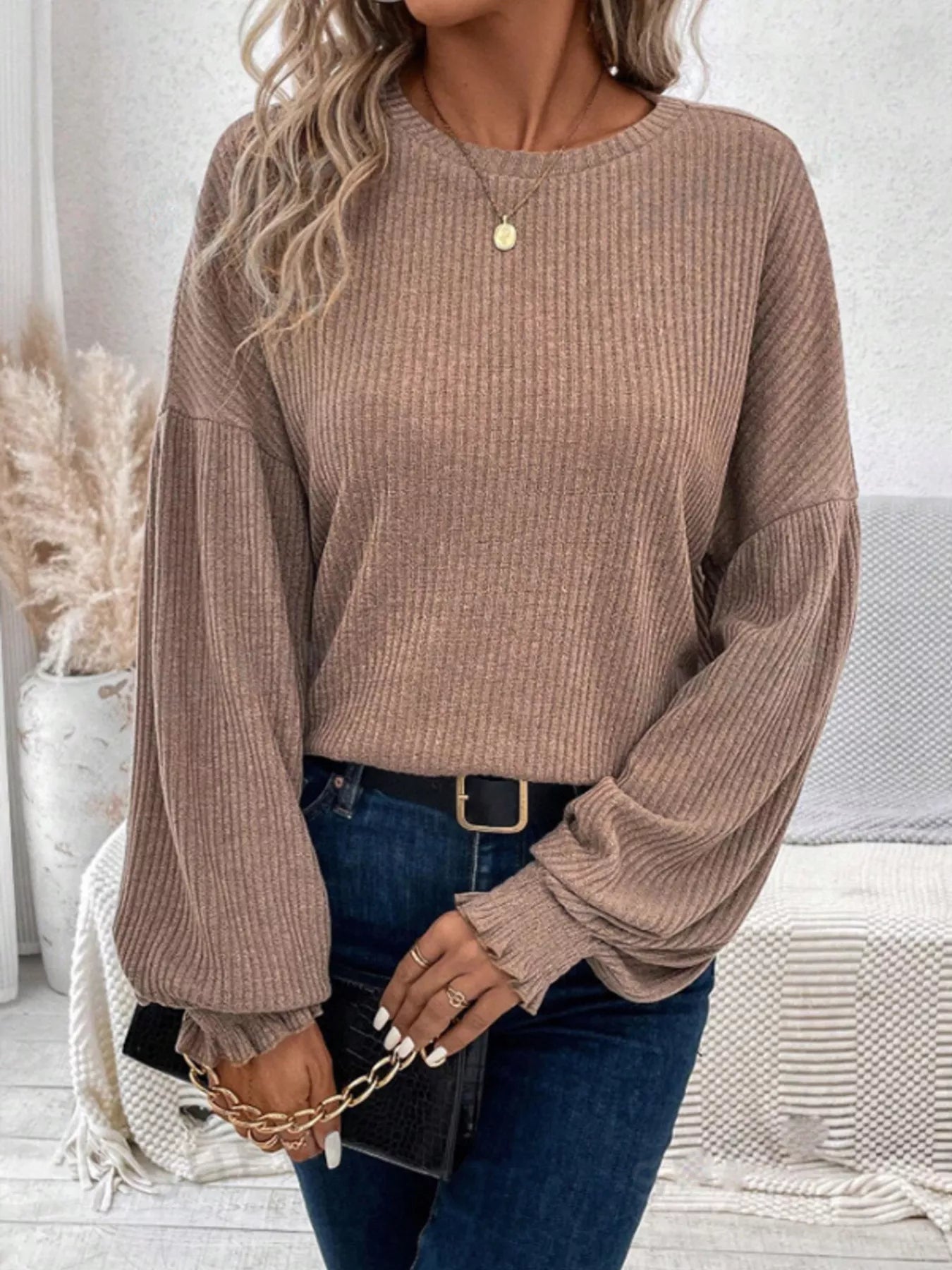Ribbed Knit Long Sleeve T-Shirt  Shop One Place