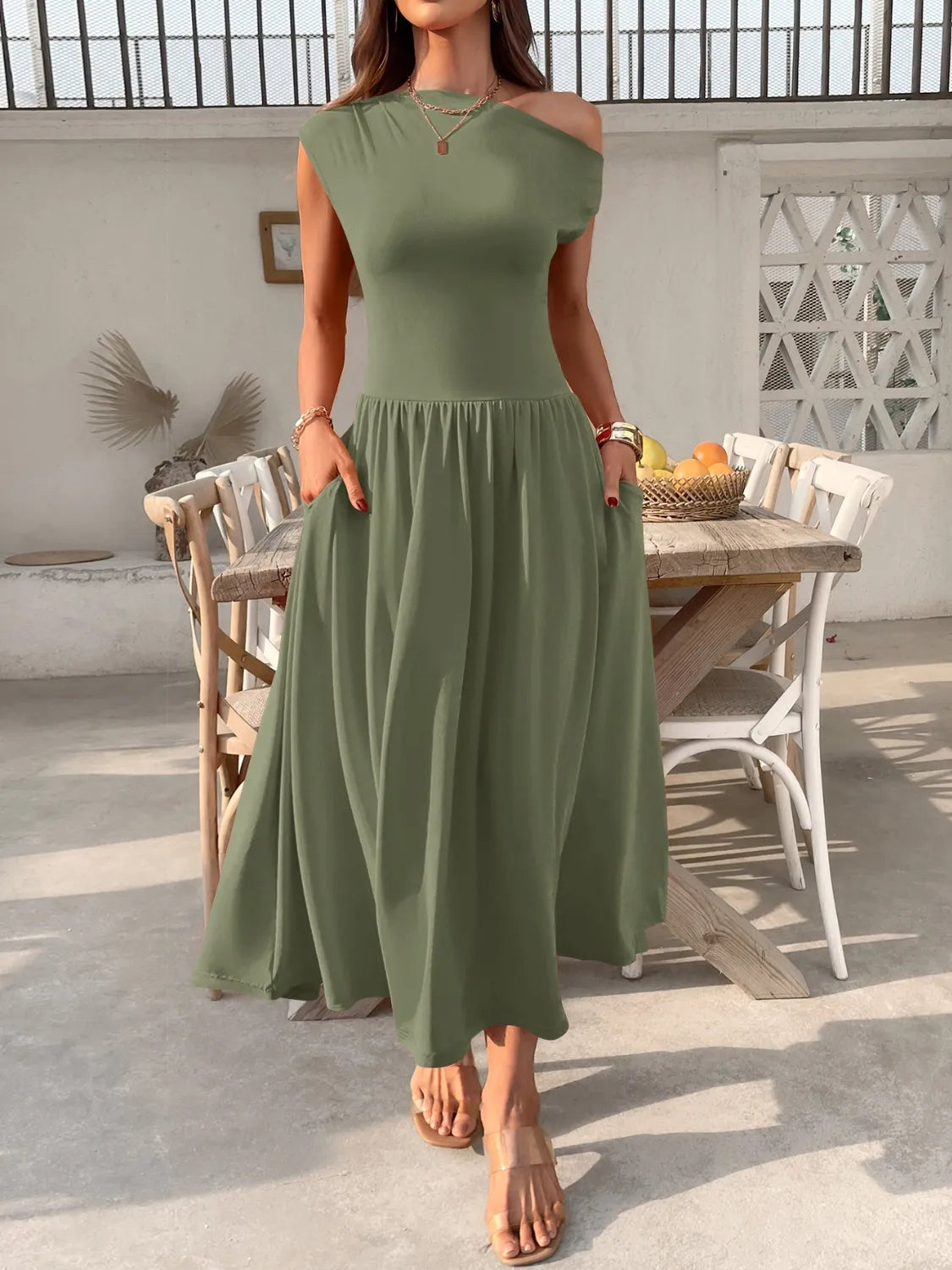 Single Shoulder Midi Dress with Pockets  Shop One Place