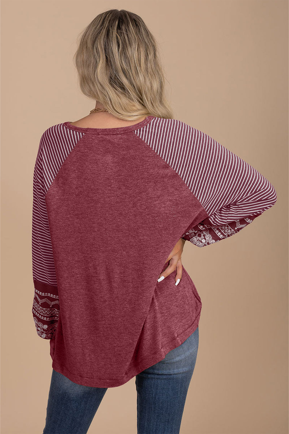 Contrast Print Striped Raglan Long Sleeve Loose Top  Shop One Place