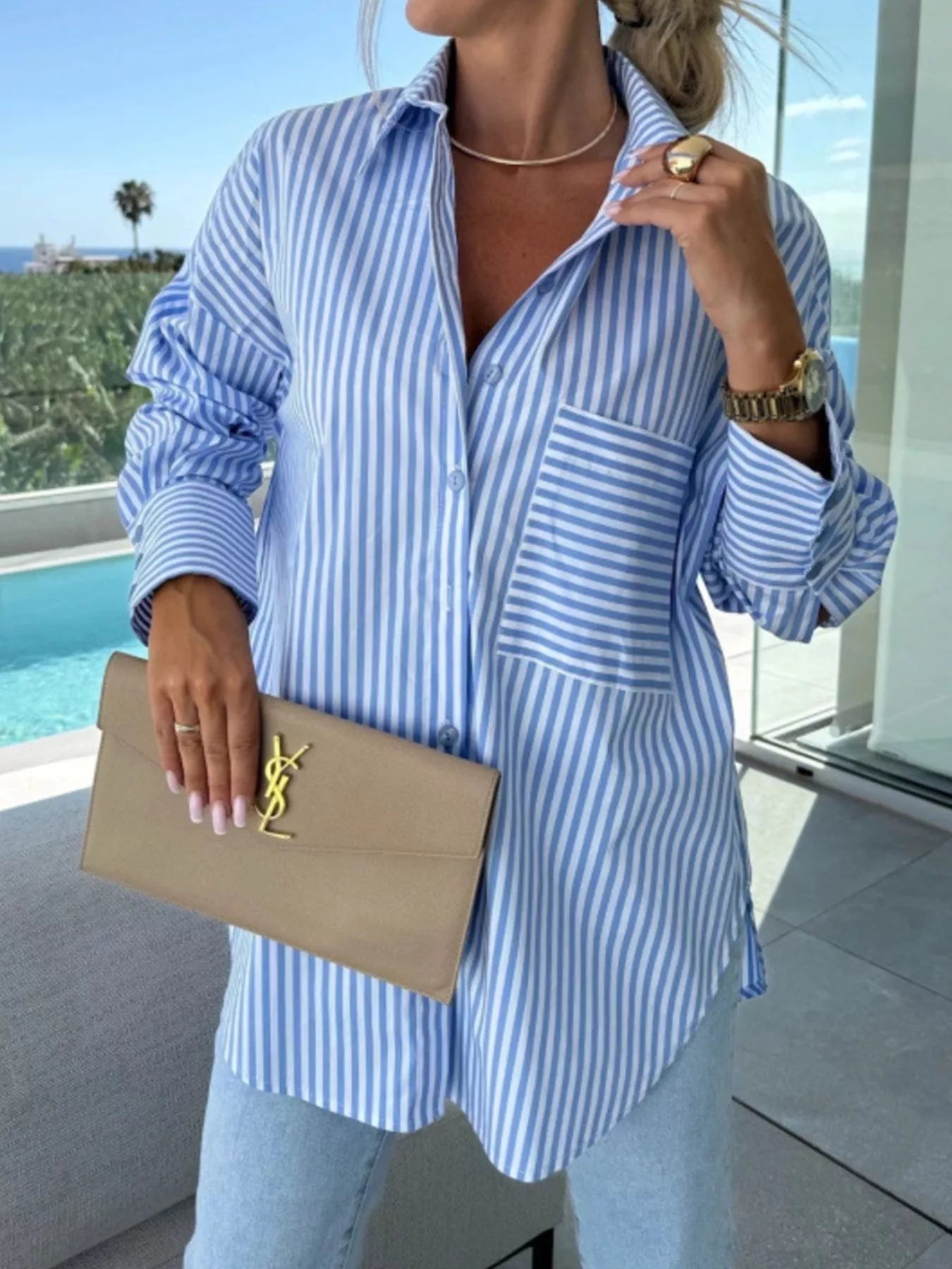Striped Oversized Button-Down Shirt  Shop One Place
