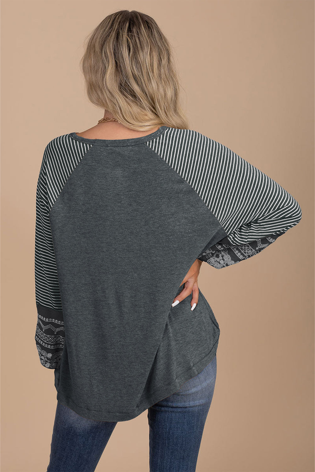 Contrast Print Striped Raglan Long Sleeve Loose Top  Shop One Place
