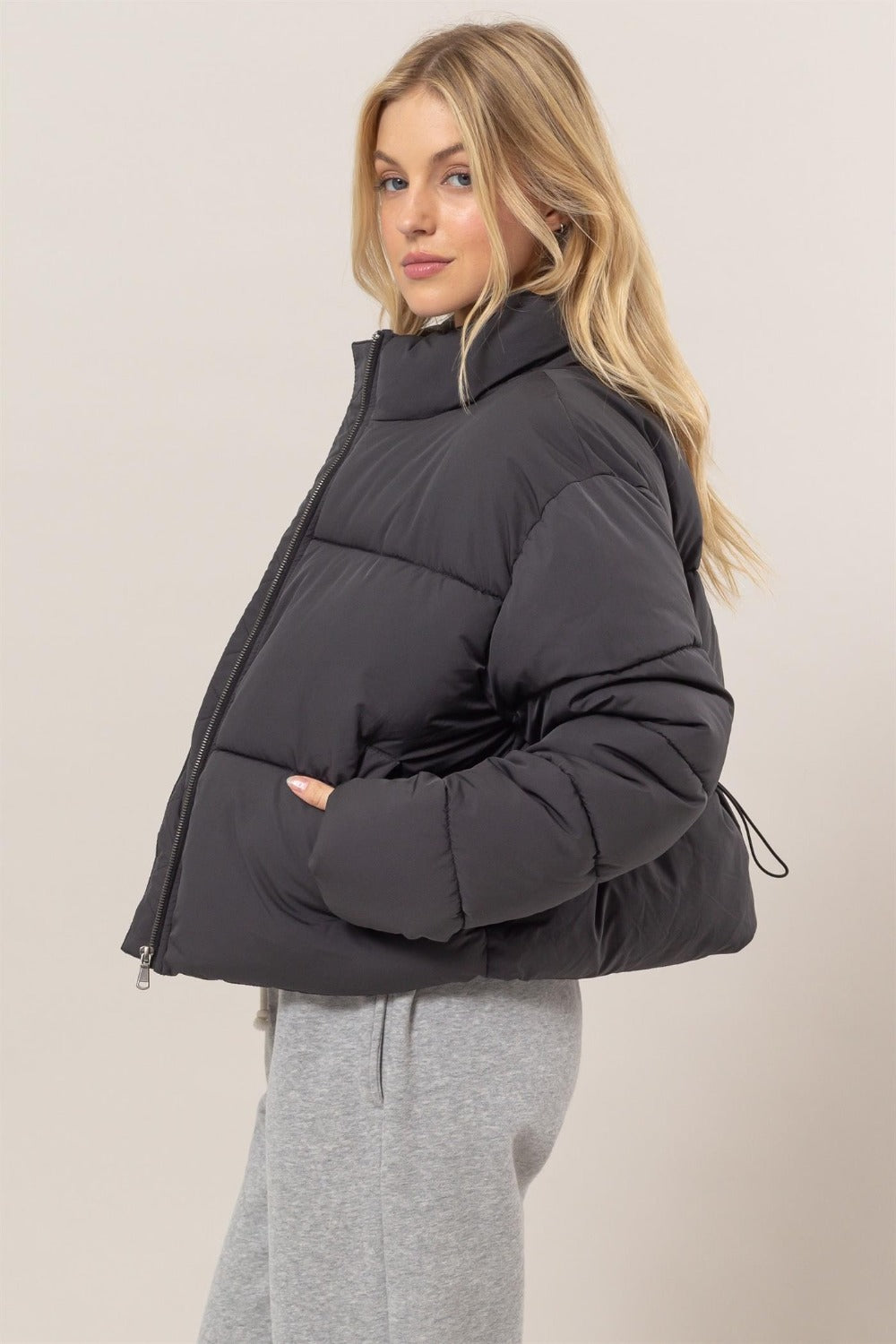 HYFVE Black Quilted Back Drawstring Puffer Jacket