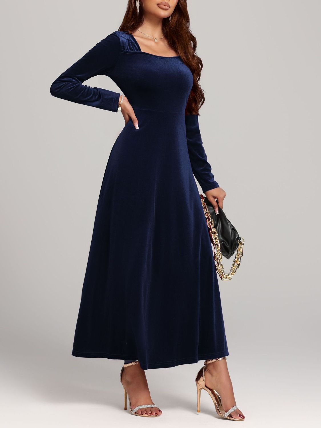 Square Neck Long Sleeve Velvet Dress  Shop One Place