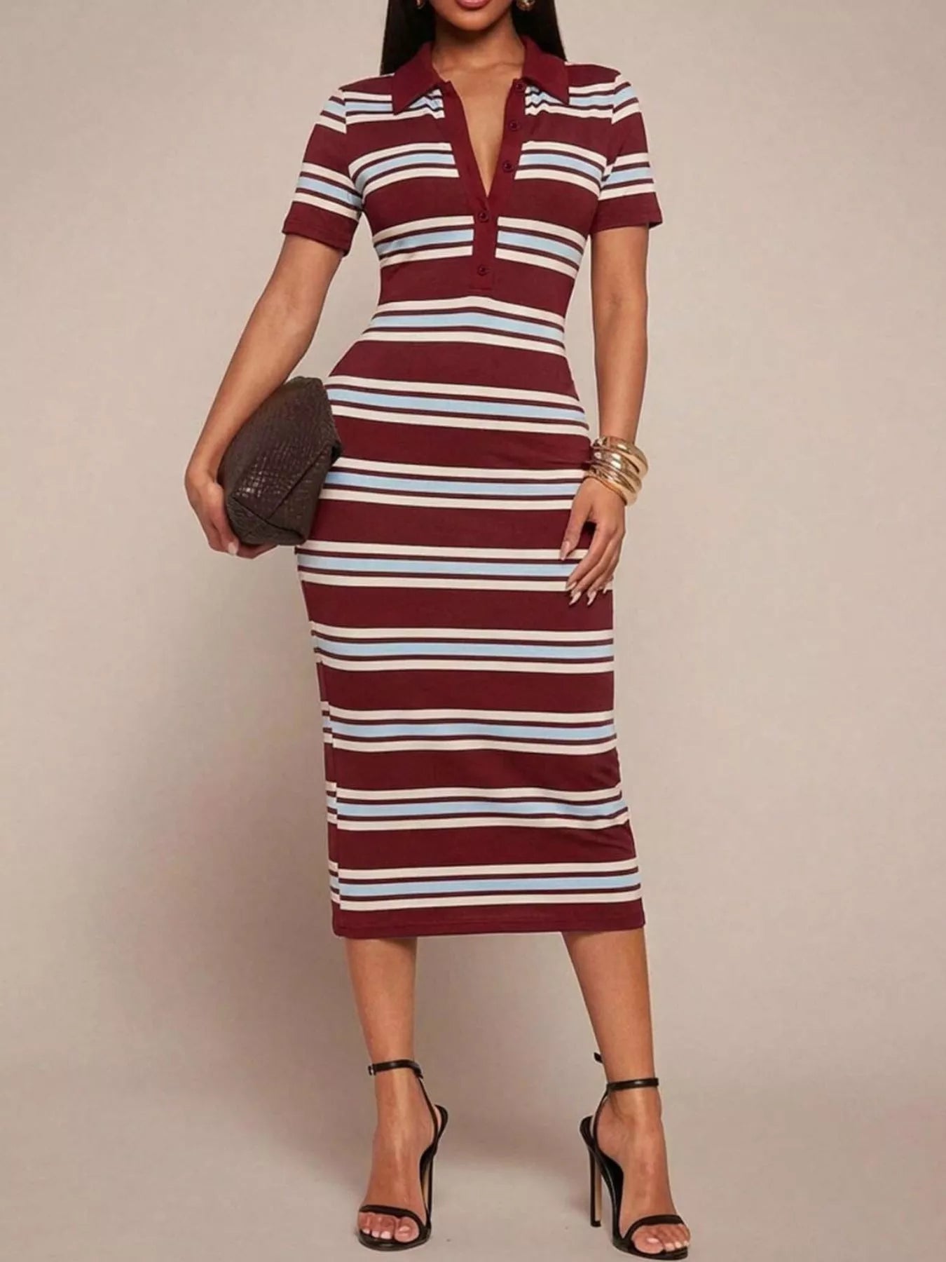 Striped Polo Collar Midi Dress  Shop One Place