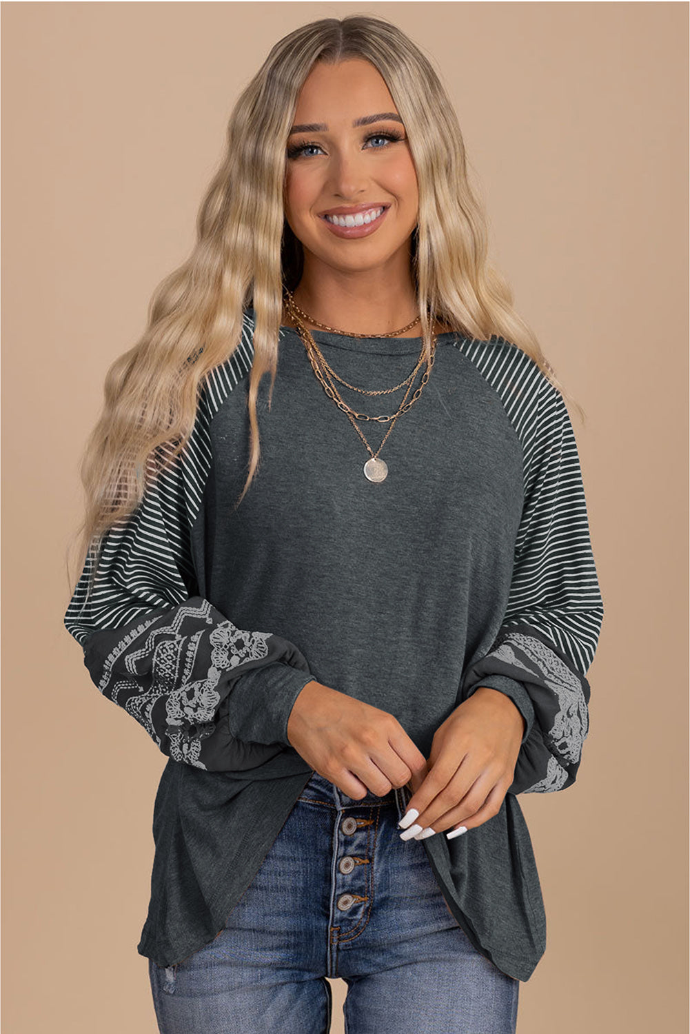 Contrast Print Striped Raglan Long Sleeve Loose Top  Shop One Place
