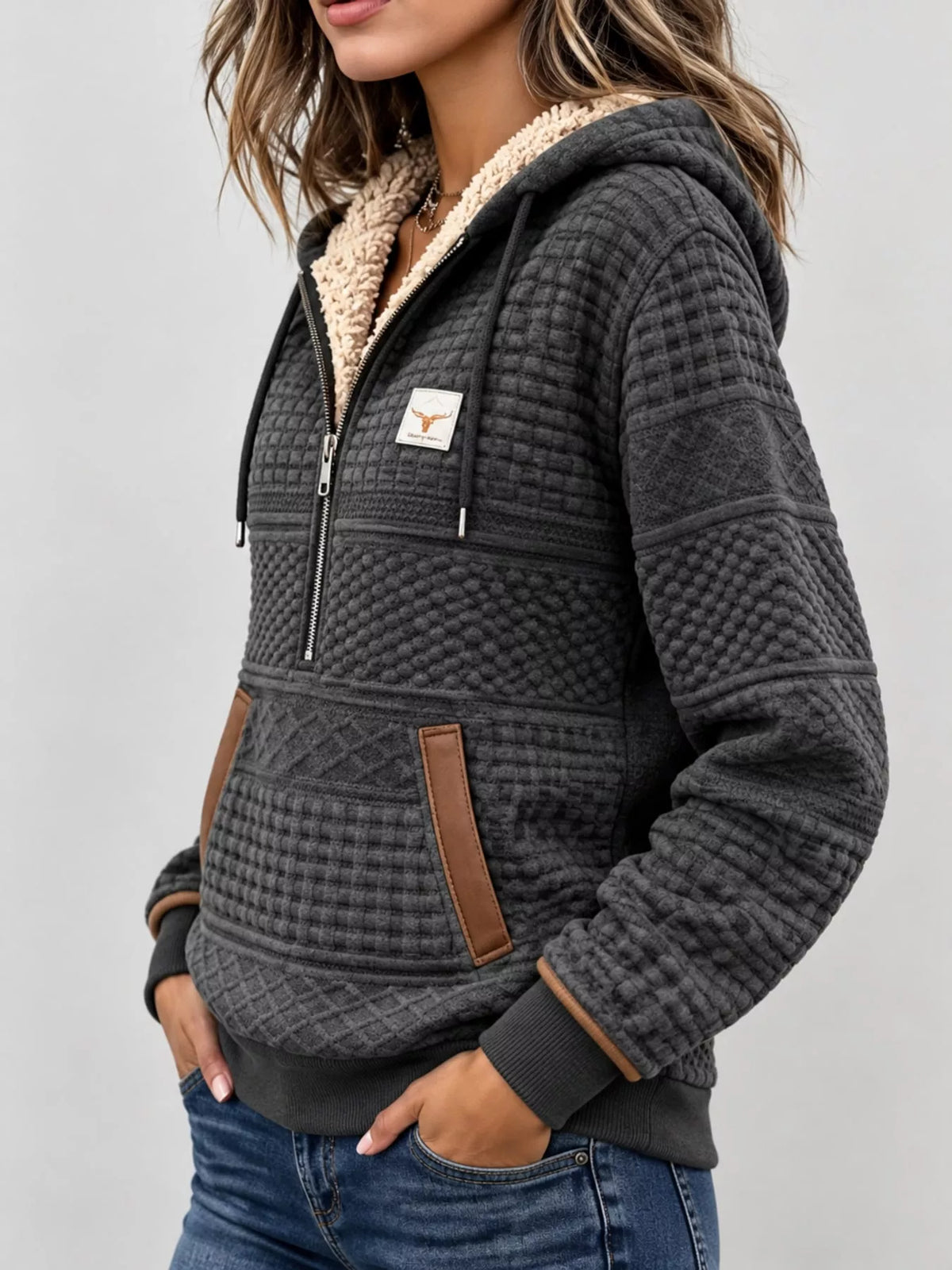 Women's Half-Zip Textured Hoodie with Pockets – view 3