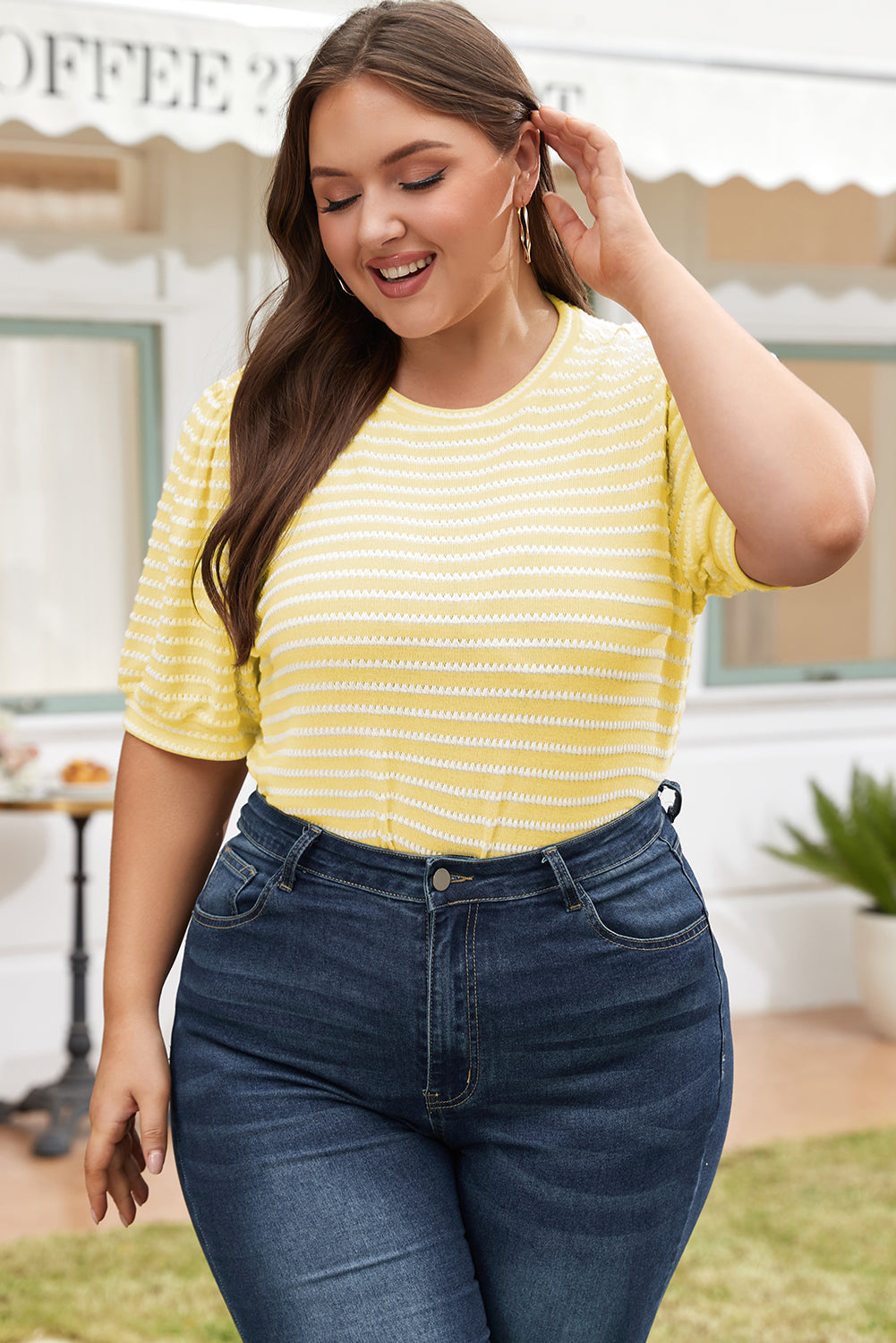 Yellow Stripe Short Puff Sleeve Plus Size Top