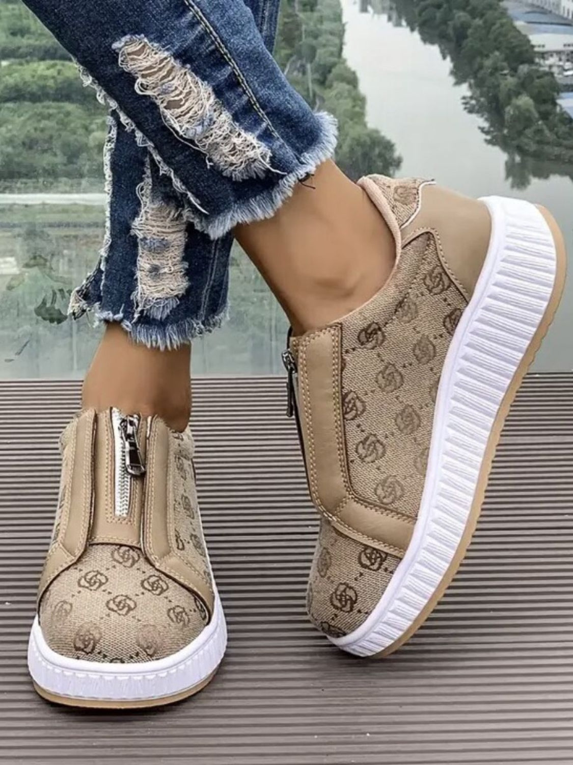 Floral Round Toe Sneakers with Zip  Shop One Place