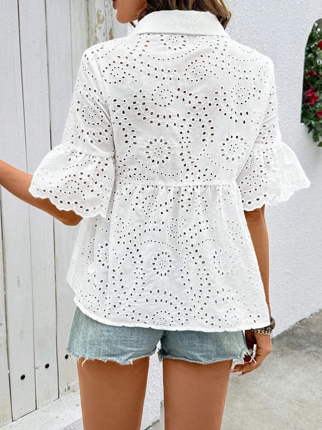 Eyelet Solid Collared Neck Half Sleeve Shirt  Shop One Place