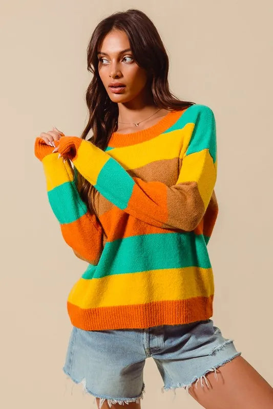 SO ME Multi Color Stripe Sweater with Ribbed Detail  Shop One Place