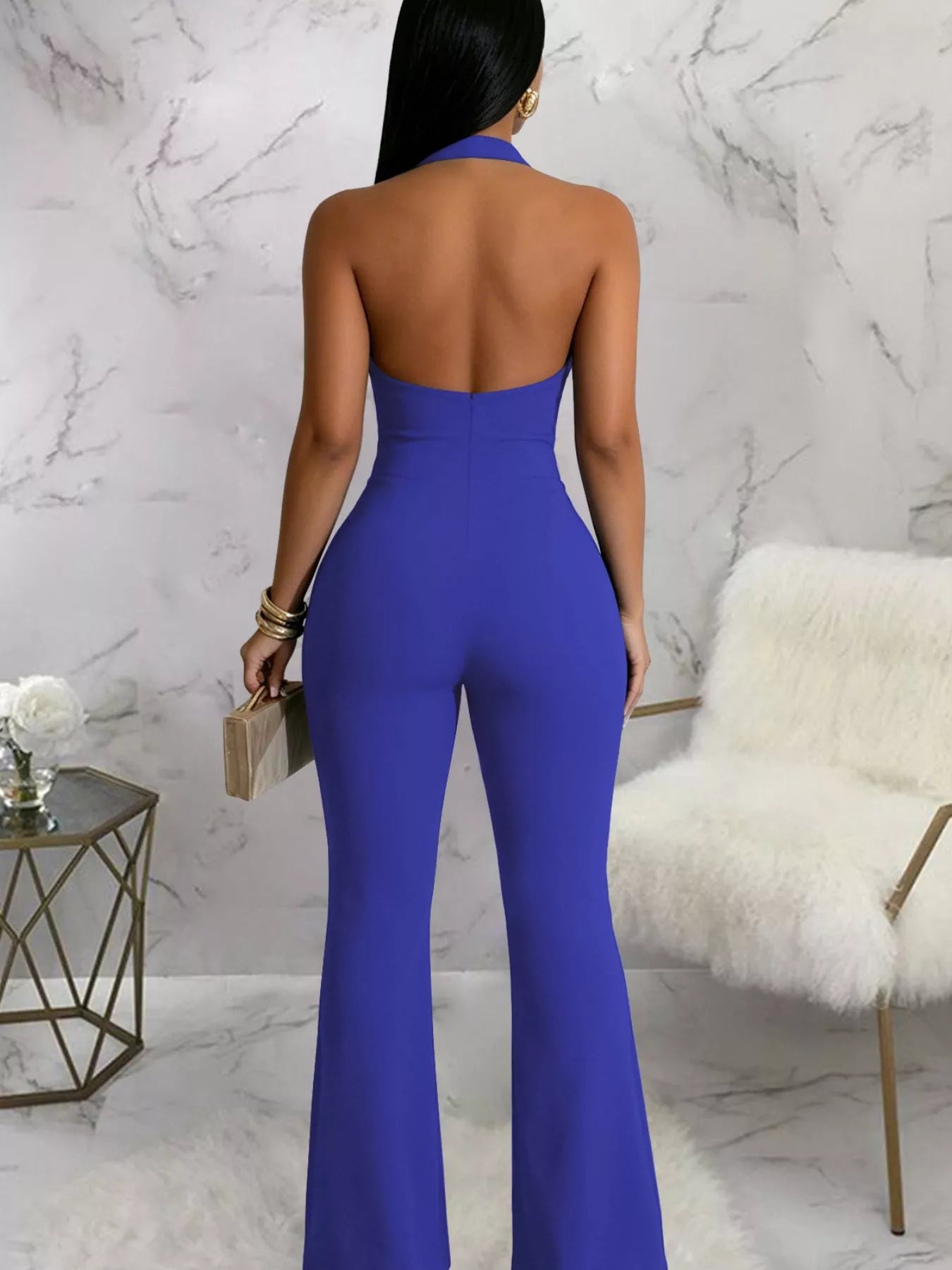 Halter Neck Cut-Out Flare Jumpsuit with Button Detail  Shop One Place
