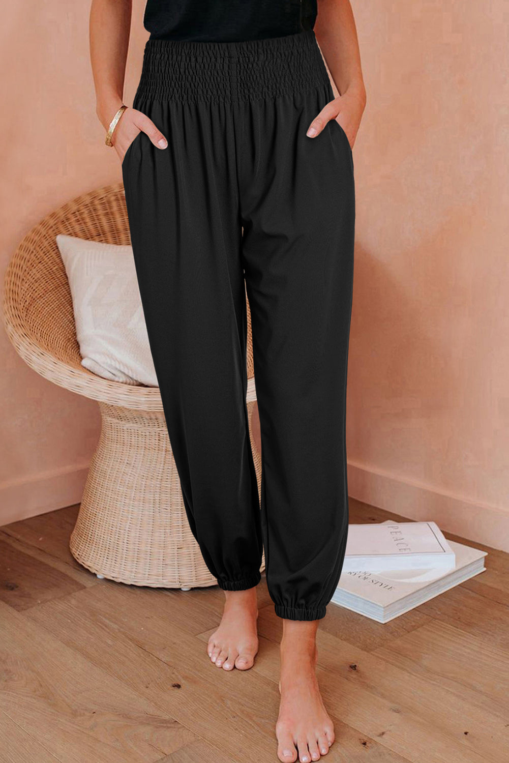 Black Pocketed Smocked High Waist Joggers