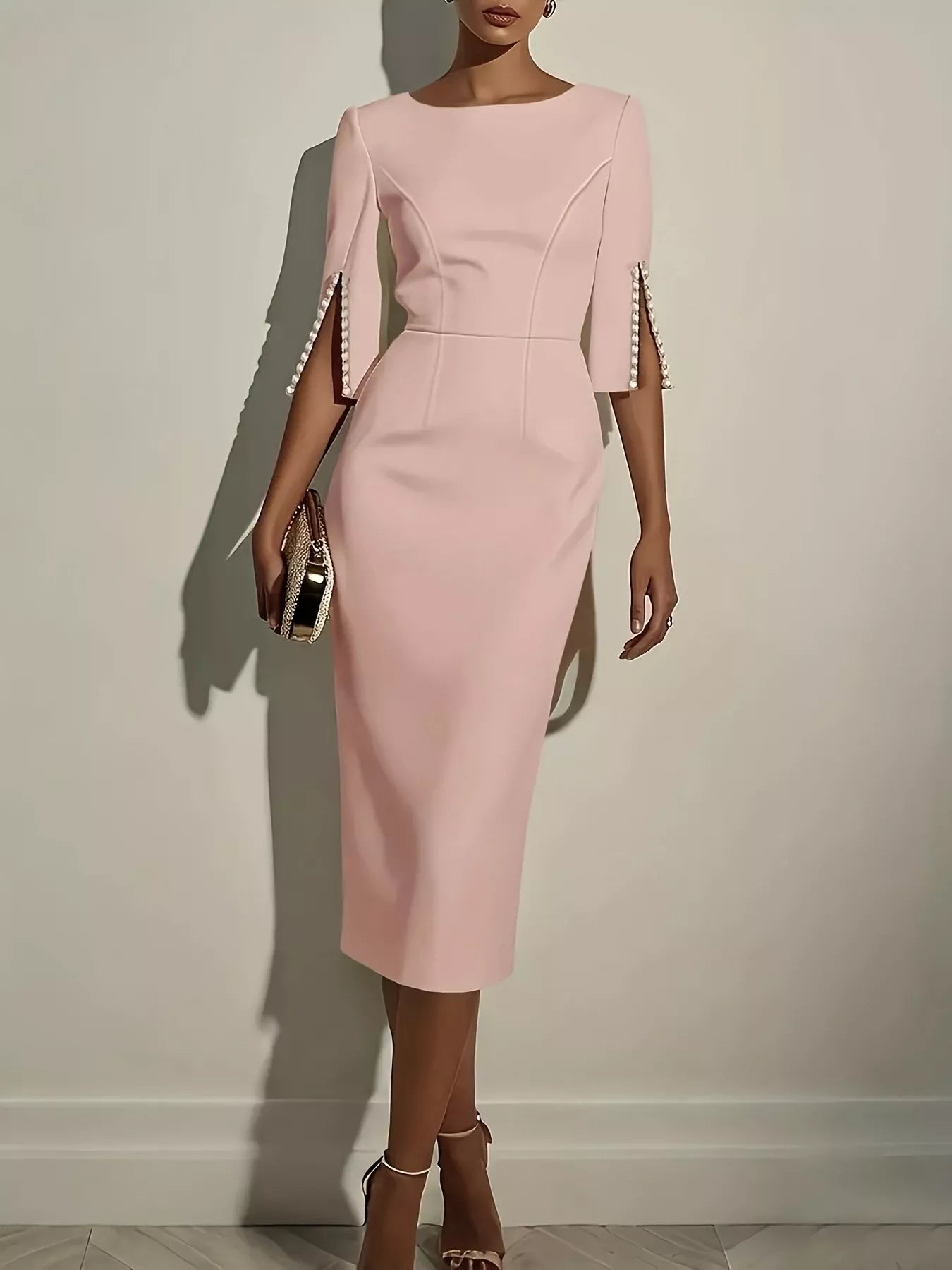 Slim-Fit Elegant Midi Dress with Beaded Slit Sleeve  Shop One Place