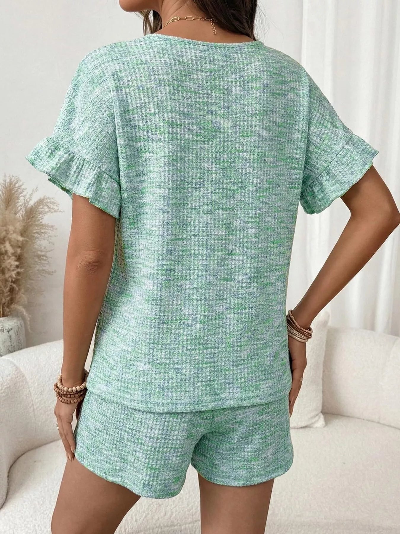 Ruffle Sleeve Textured Top and Shorts Set  Shop One Place
