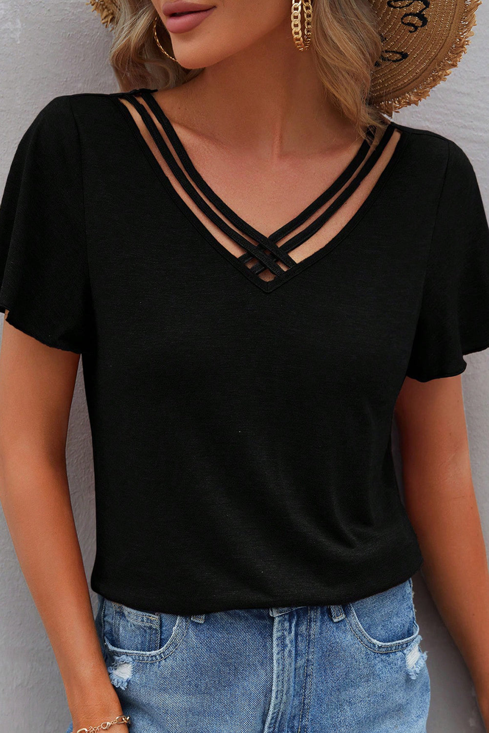 Mist Green Crisscross V Neck Flutter Sleeve T Shirt  Shop One Place