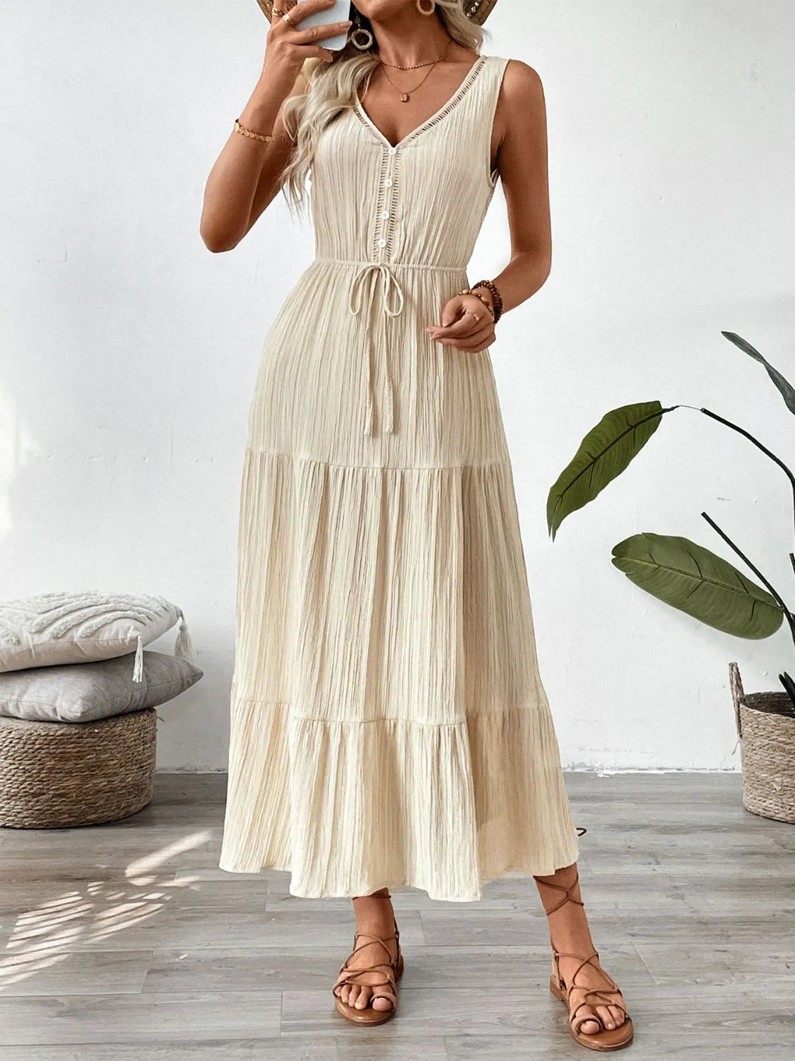 Decorative Button V-Neck Sleeveless Midi Tank Dress  Shop One Place