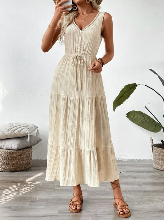 Decorative Button V-Neck Sleeveless Midi Tank Dress  Shop One Place
