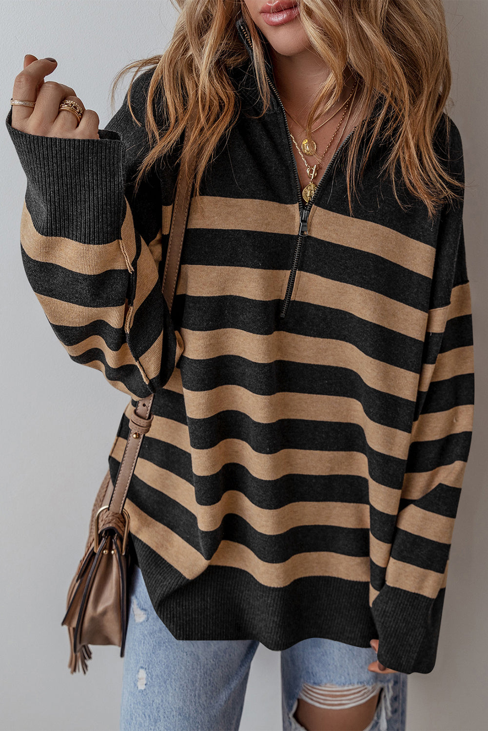 Striped Collared Quarter Zip Oversized Sweater