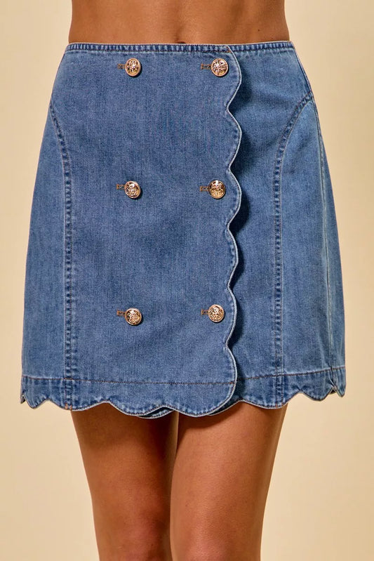 SO ME Denim Scalloped Buttoned Front Skirt  Shop One Place