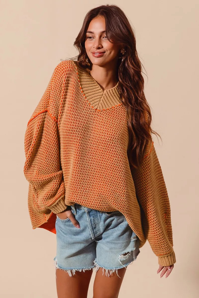 SO ME Oversized Two Tone Textured V Neck Sweater  Shop One Place