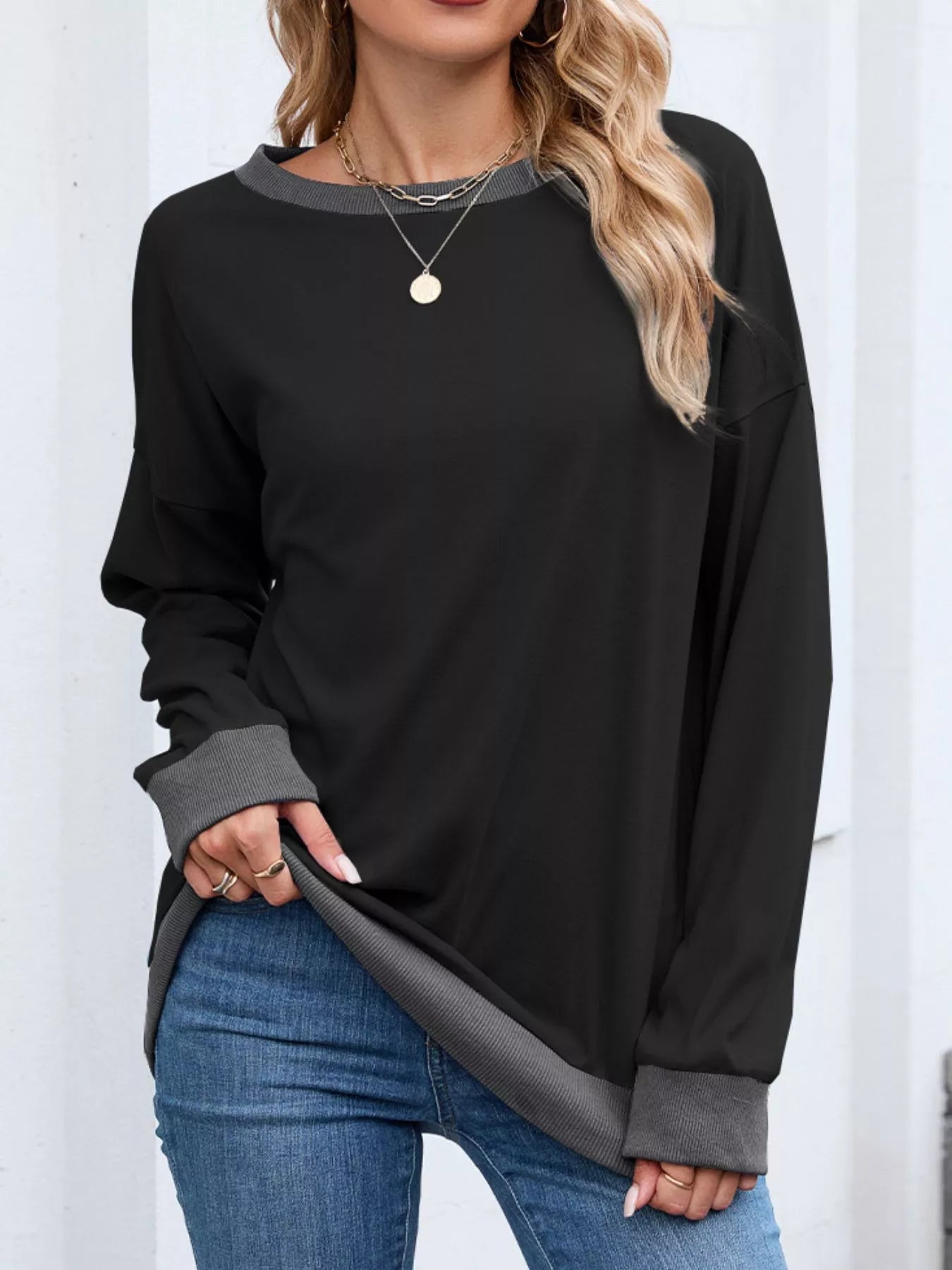 Contrast Trim Long Sleeve Sweatshirt  Shop One Place