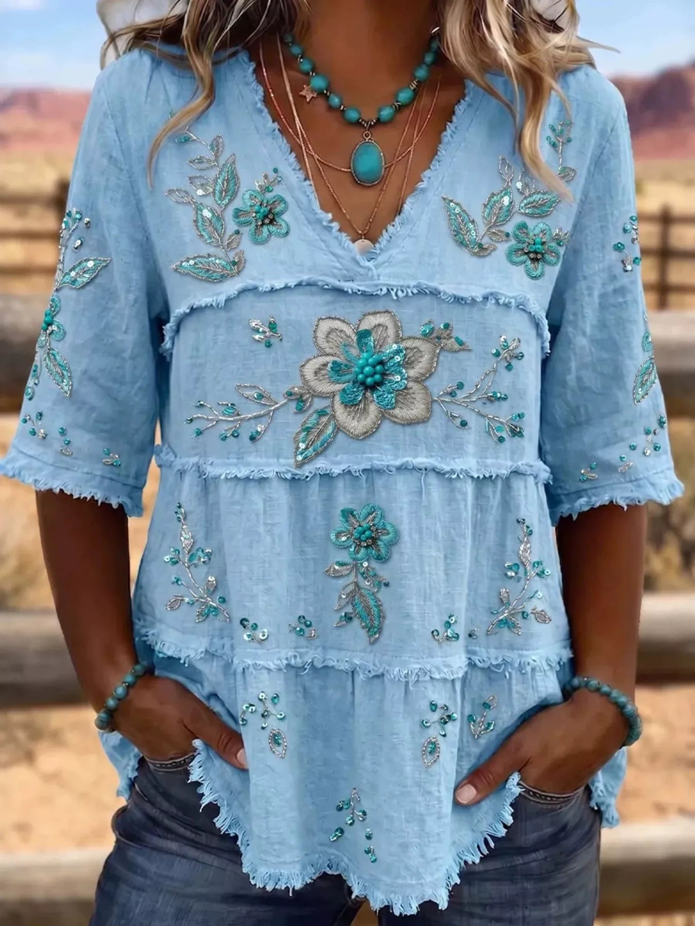 Full Size Floral Raw Hem V-Neck Blouse Plus Size  Shop One Place