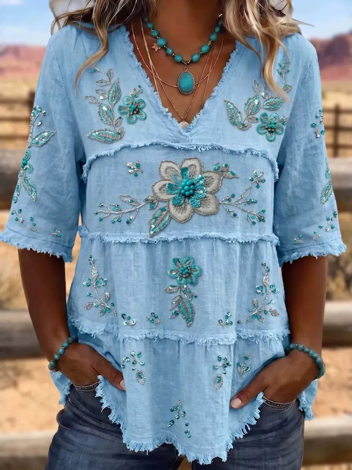 Full Size Floral Raw Hem V-Neck Blouse Plus Size  Shop One Place