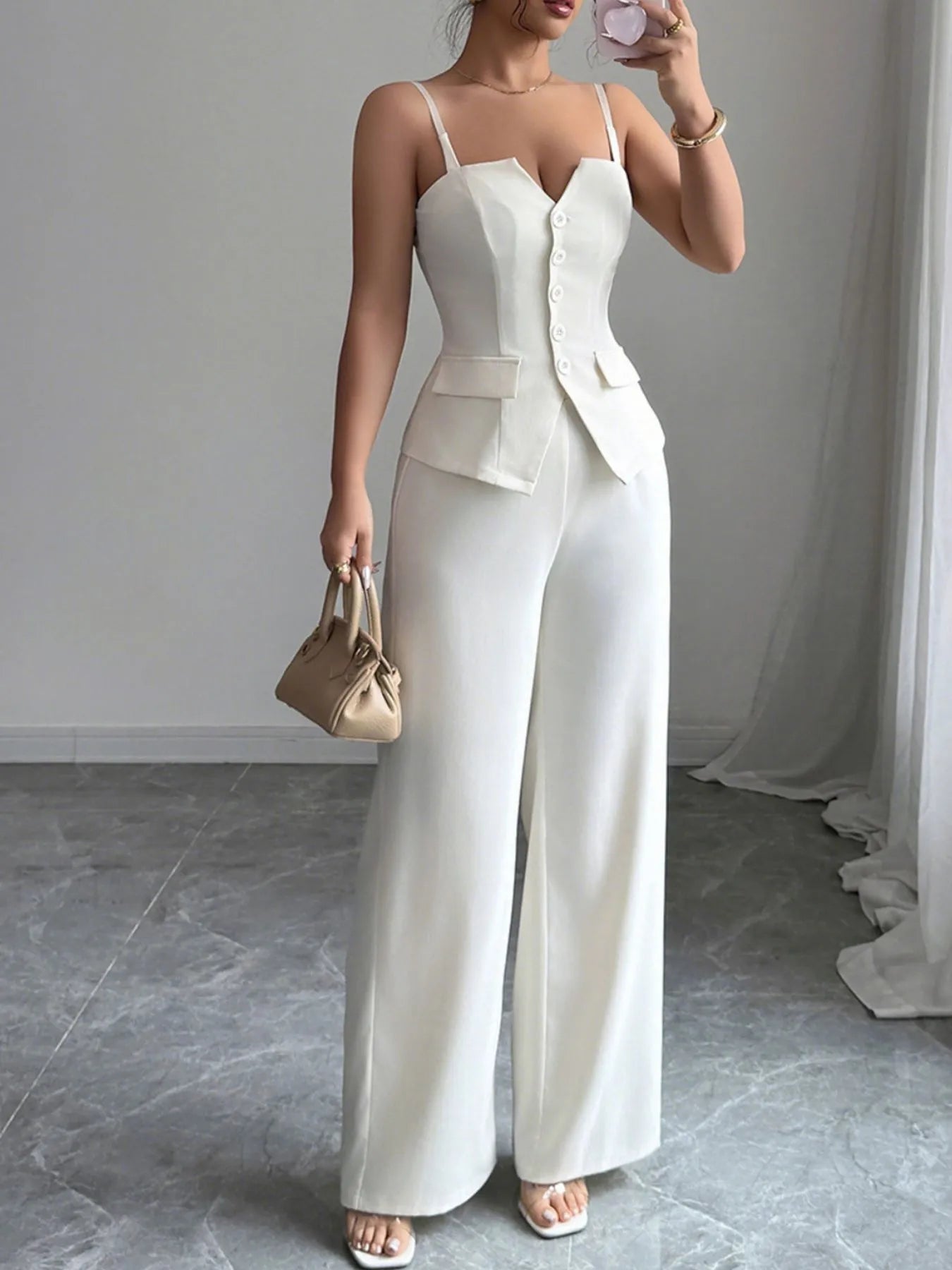 Button Front Cami and Pants Set  Shop One Place