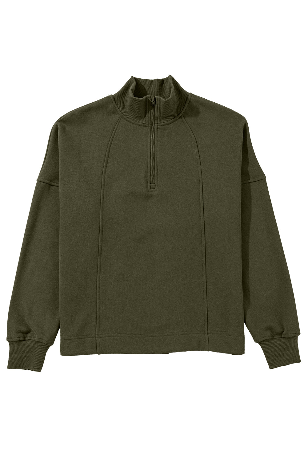 Jungle Green Zipper Collared Drop Shoulder Plain Sweatshirt