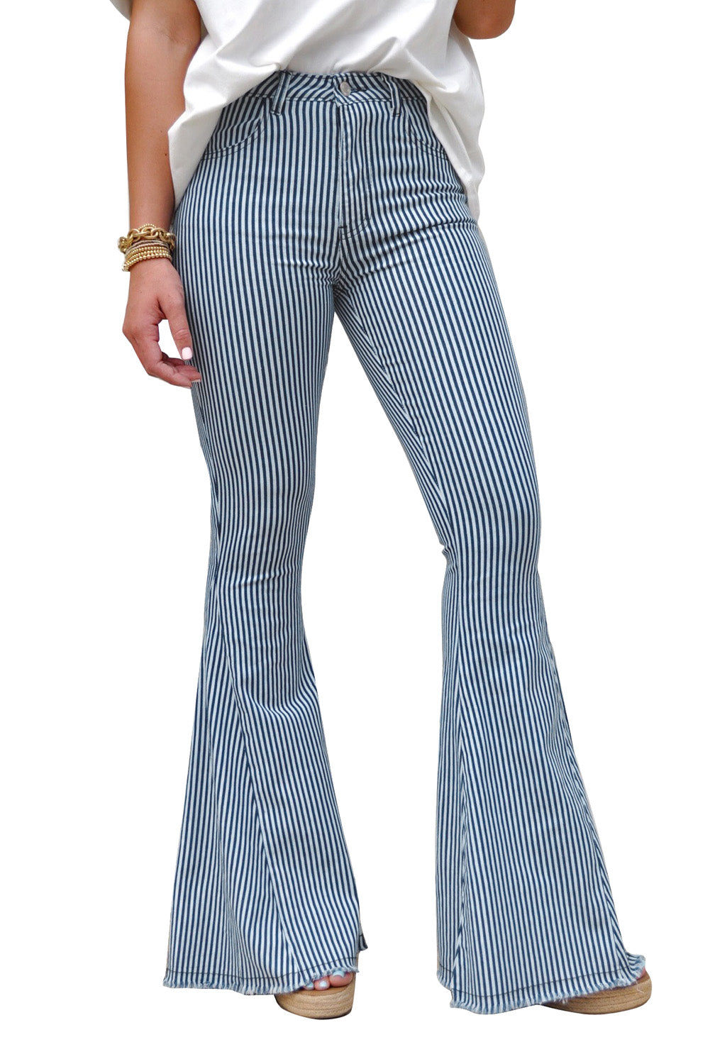 Light Blue Stripe Casual Mid Waist Bell Pants