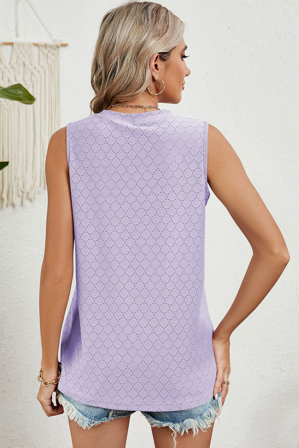 Myosotis Solid Color Eyelet Pattern Round Neck Tank Top