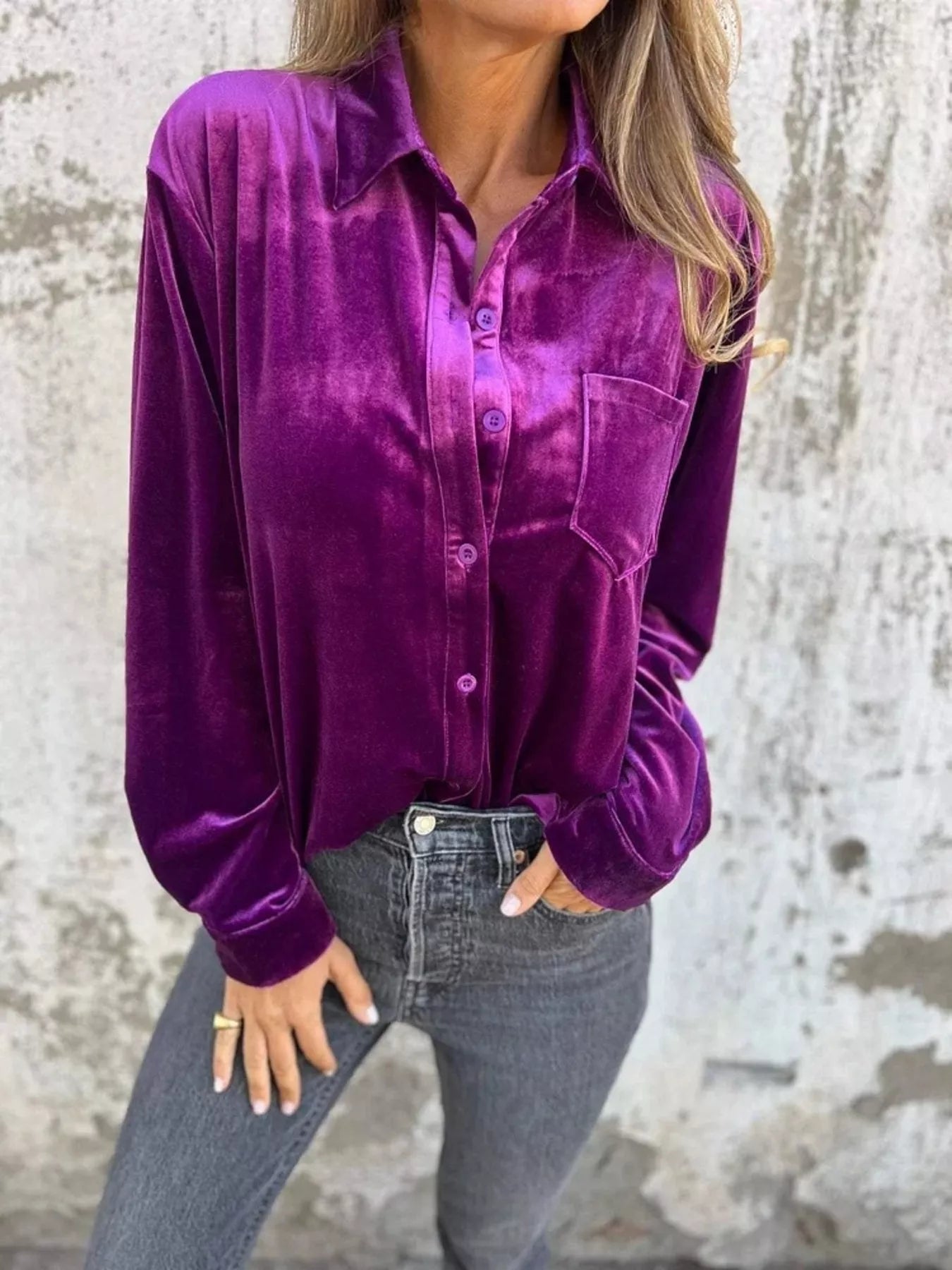 Full Size Velvet Button-Up Long Sleeve Shirt Plus Size  Shop One Place