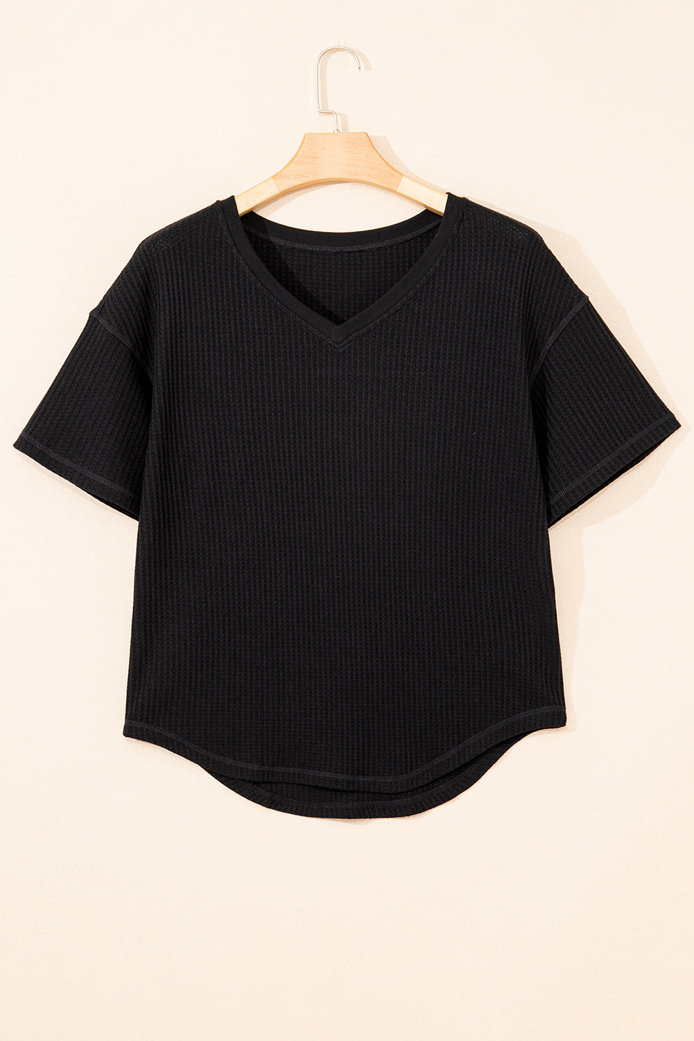 Black Waffle Texture V Neck Drop Shoulder Loose Tee  Shop One Place