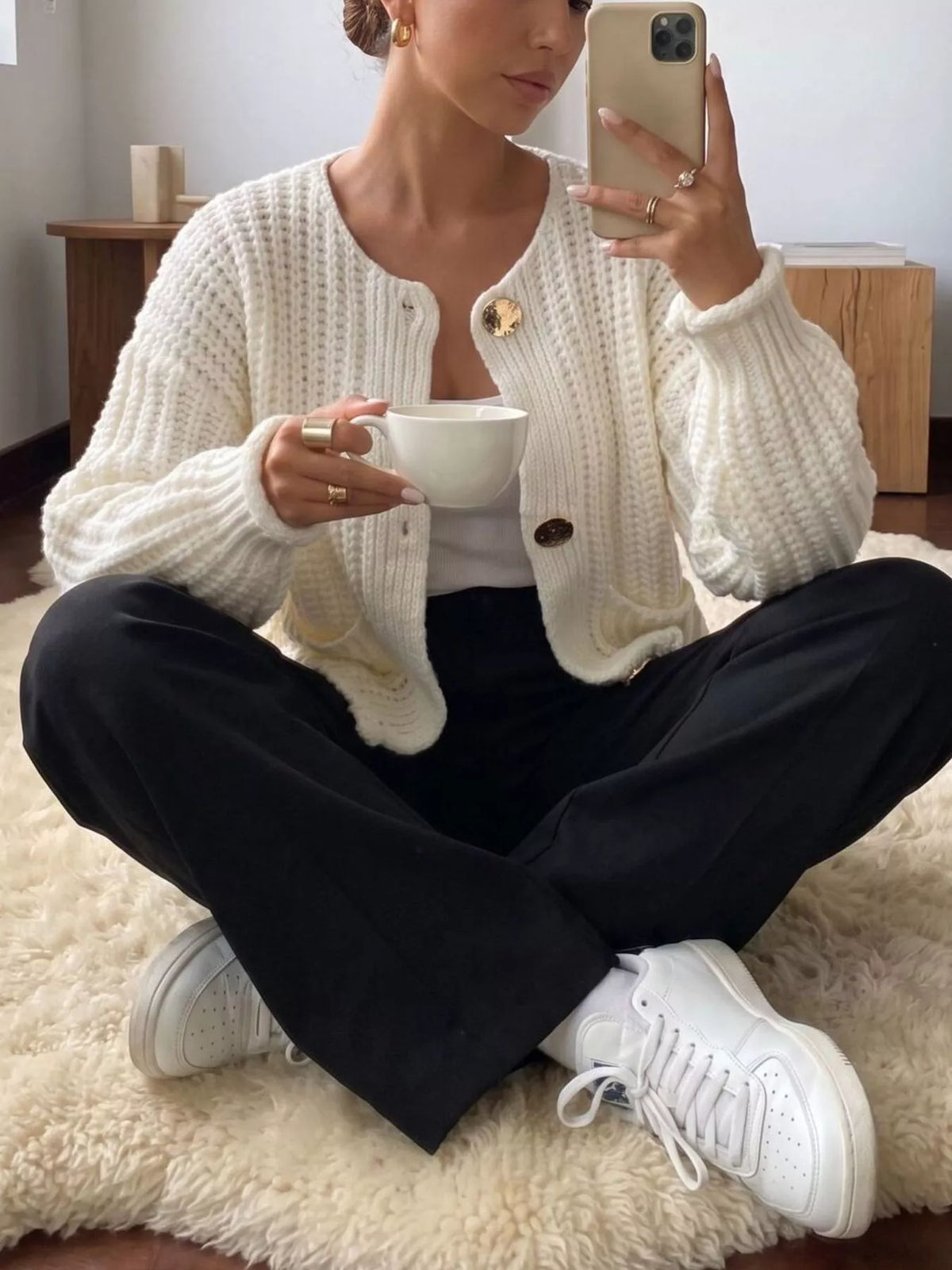 Ribbed Knit Cardigan with Gold-Tone Buttons  Shop One Place