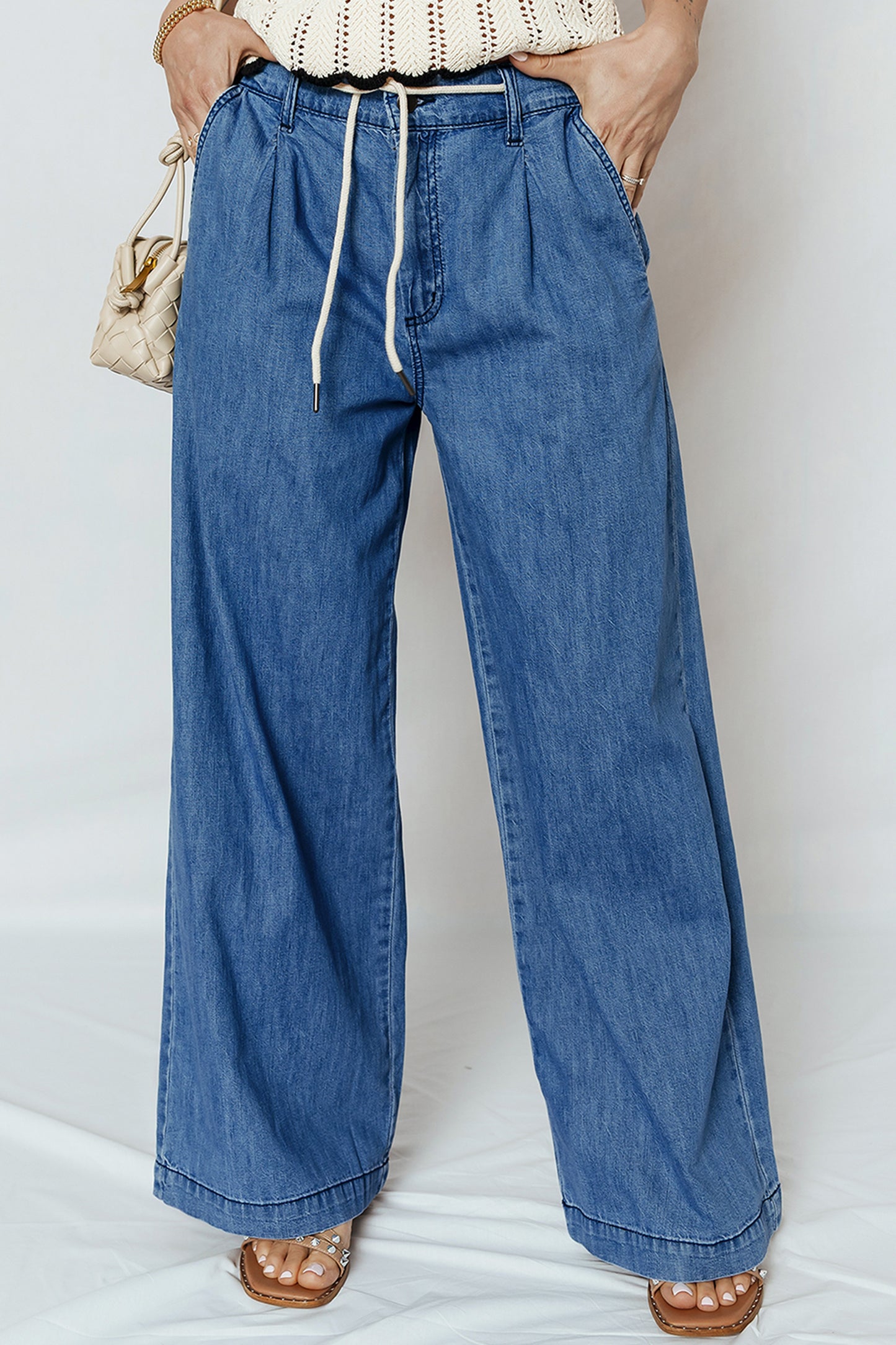 Dusk Blue Lace-up Pull on Wide Leg Jeans  Shop One Place