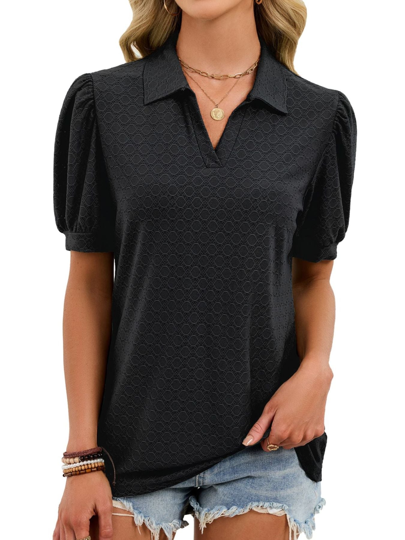 Eyelet Johnny Collar Puff Sleeve Top  Shop One Place