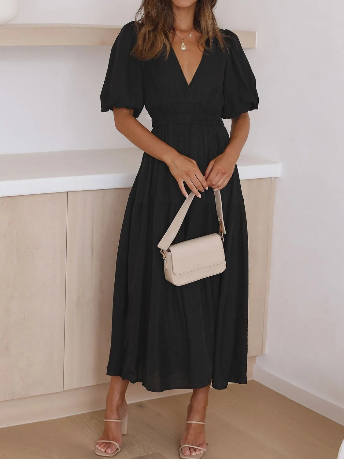 V-Neck Puff Sleeve Midi Dress  Shop One Place