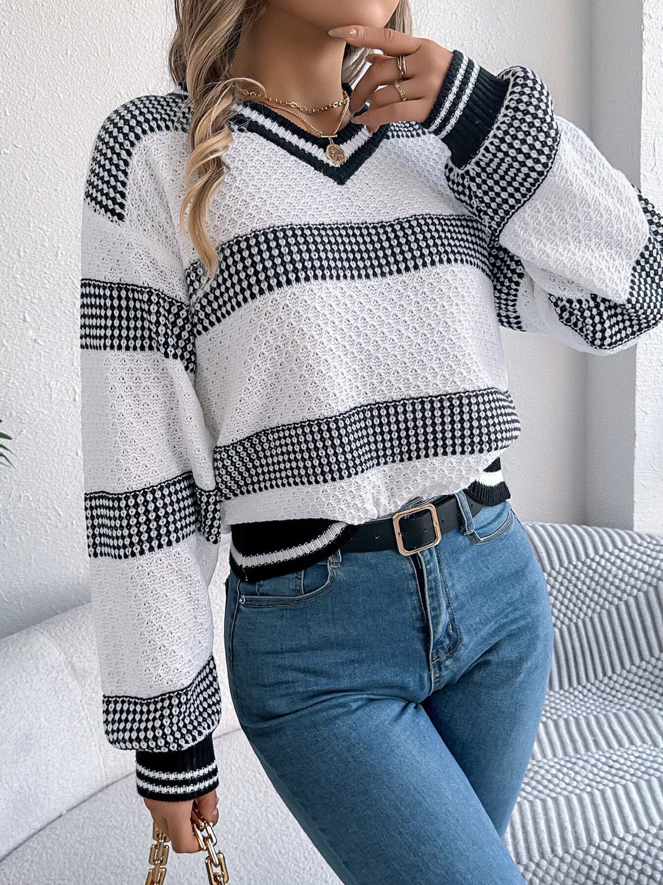 Contrast Striped V-Neck Sweater  Shop One Place